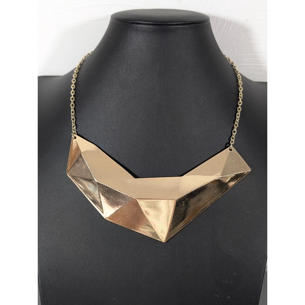 Gold Tone Geometric Collar Statement Necklace Modern Architectural Bib 20 in